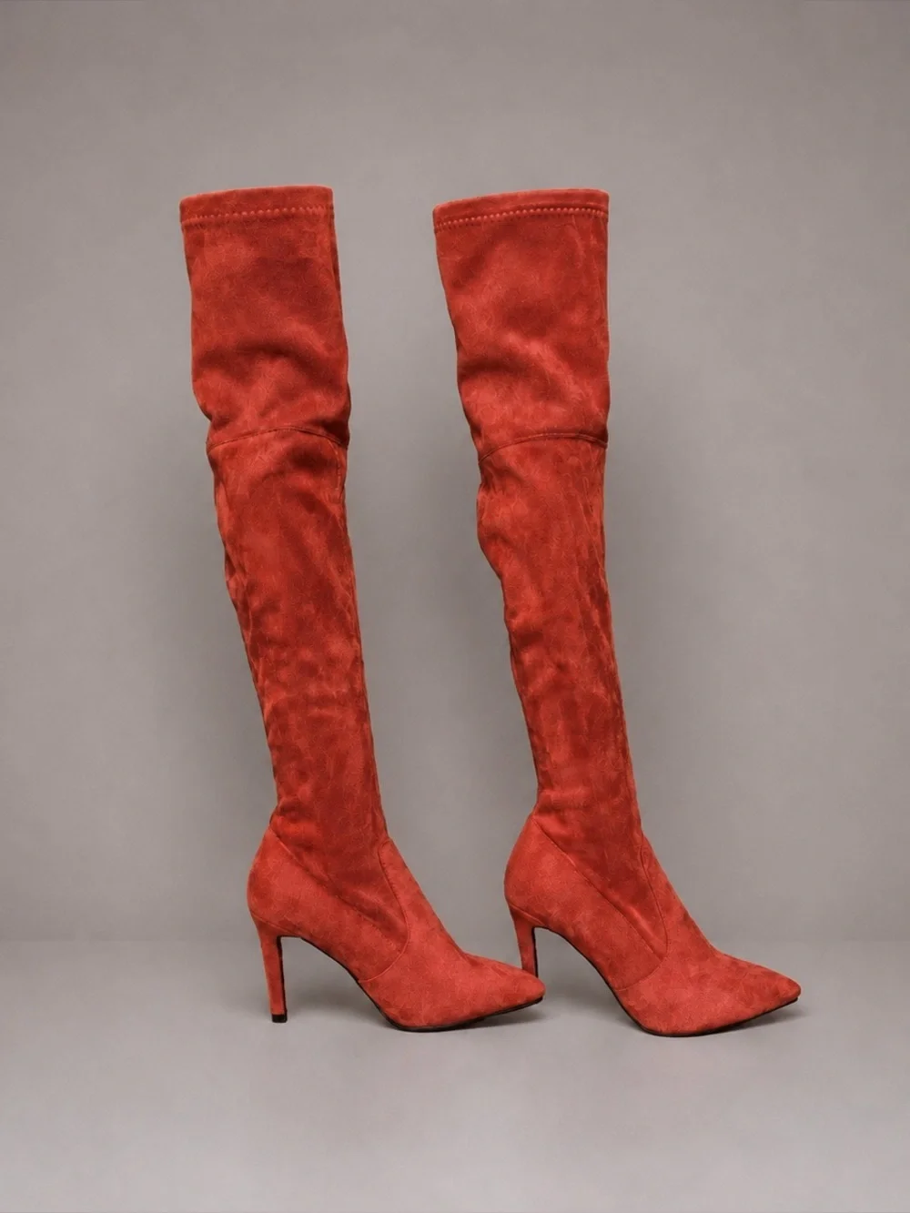 Red Over The Knee Stretch Suede Boots Pointed Toe Stiletto Heel 4” NWOT-Size 8